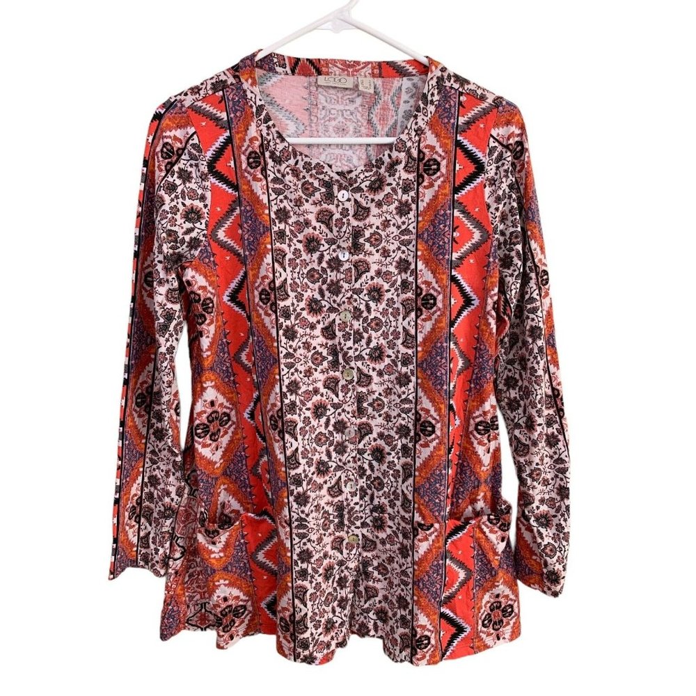 Logo Lori Goldstein Small Floral Orange Shirt Boho Long Sleeve Pocket Button Top